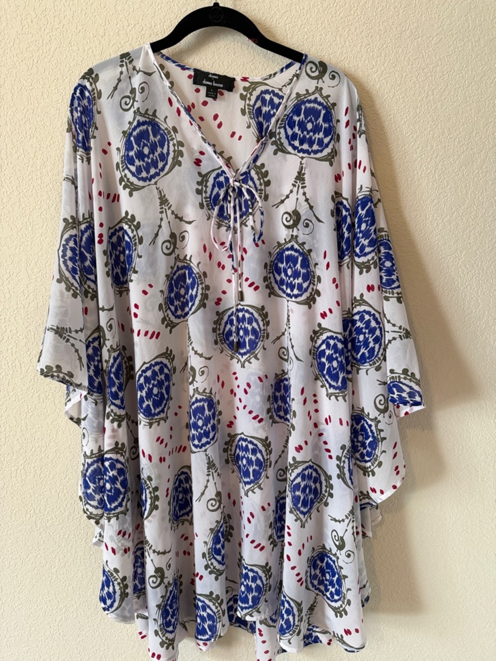 dennis basso Lightweight White Poncho with Blue & Olive Medallion Print